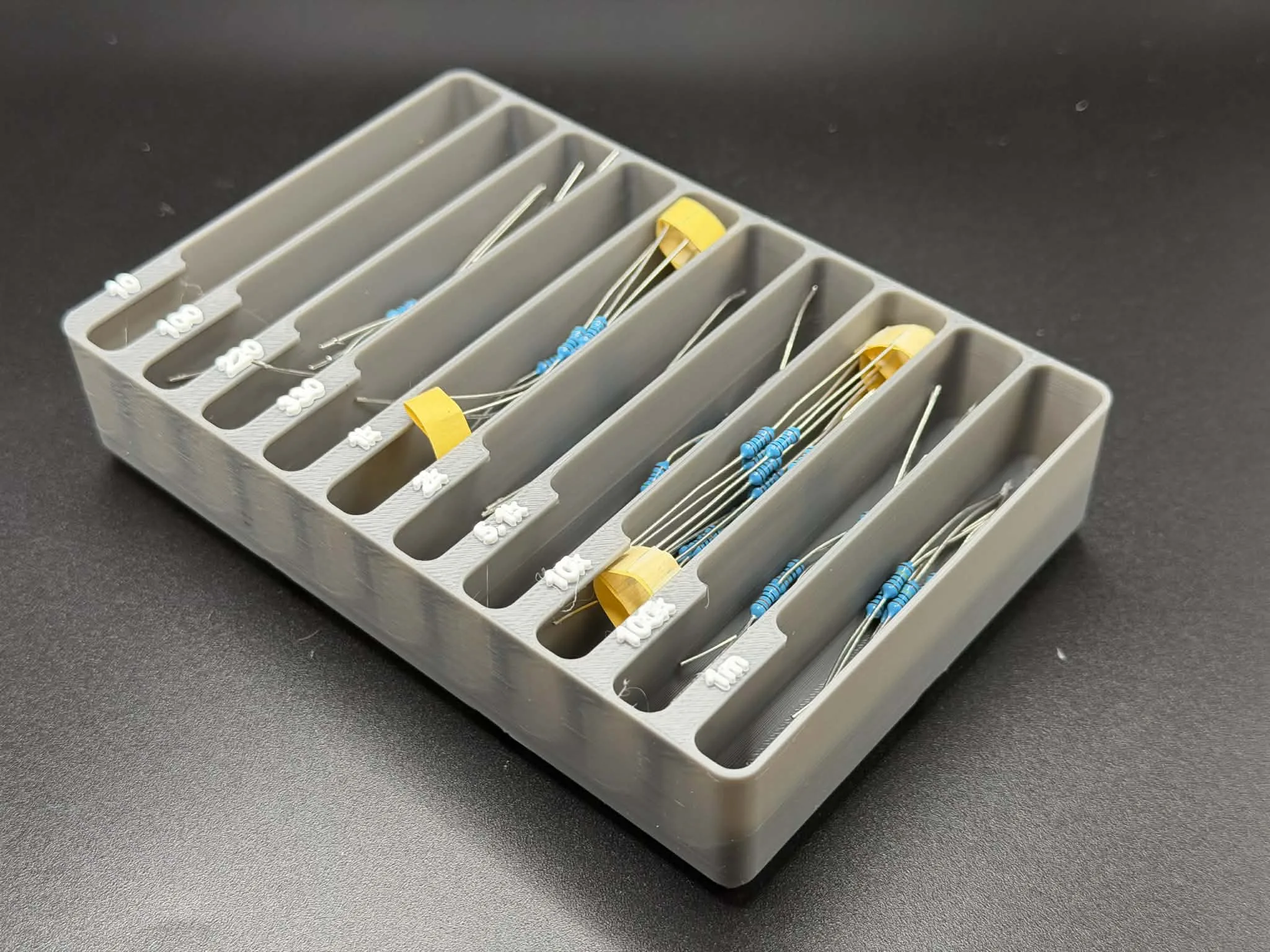 Gridfinity 4x2 Resistor Bin with 10 Labeled Value Slots